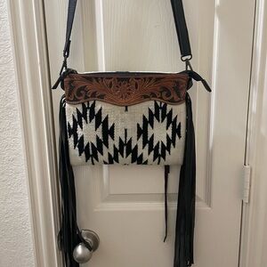 America darling Black and White Geometric Shoulder Bag with Brown Trim